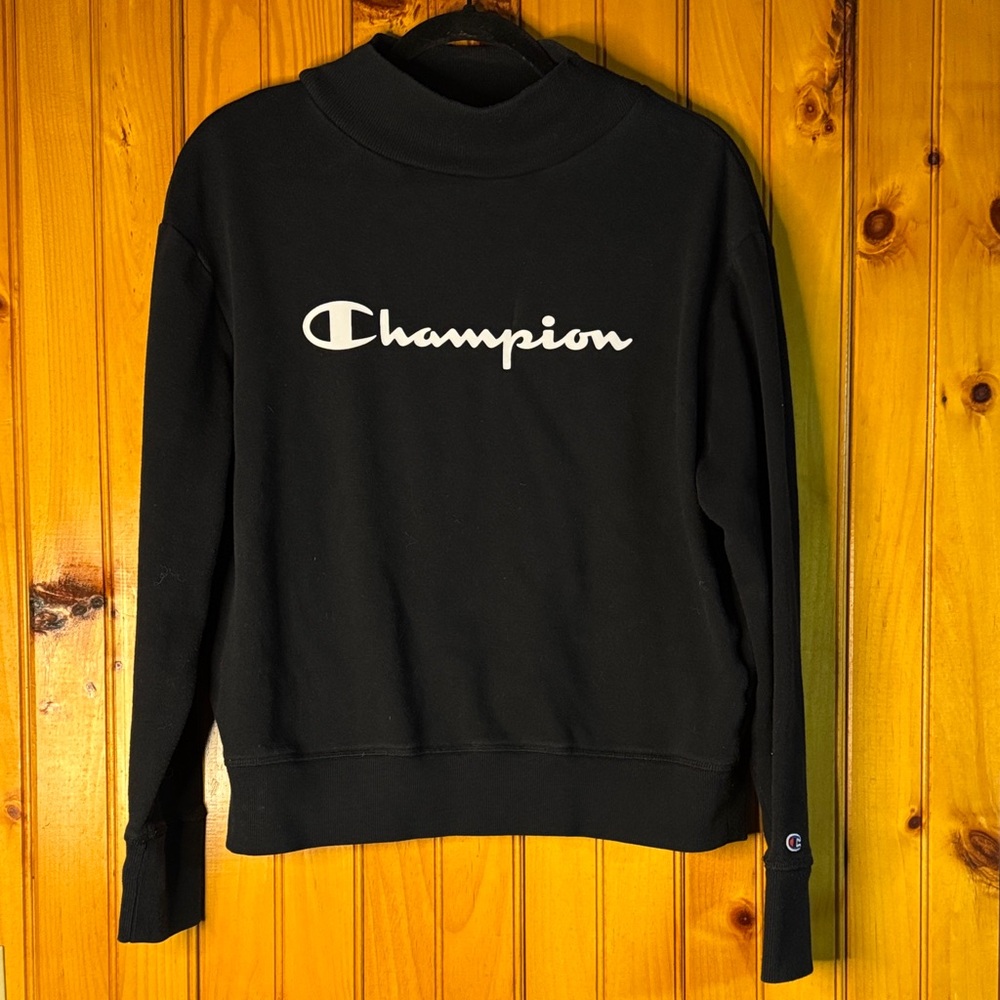 Champion Black Mock Neck Sweatshirt with White Logo